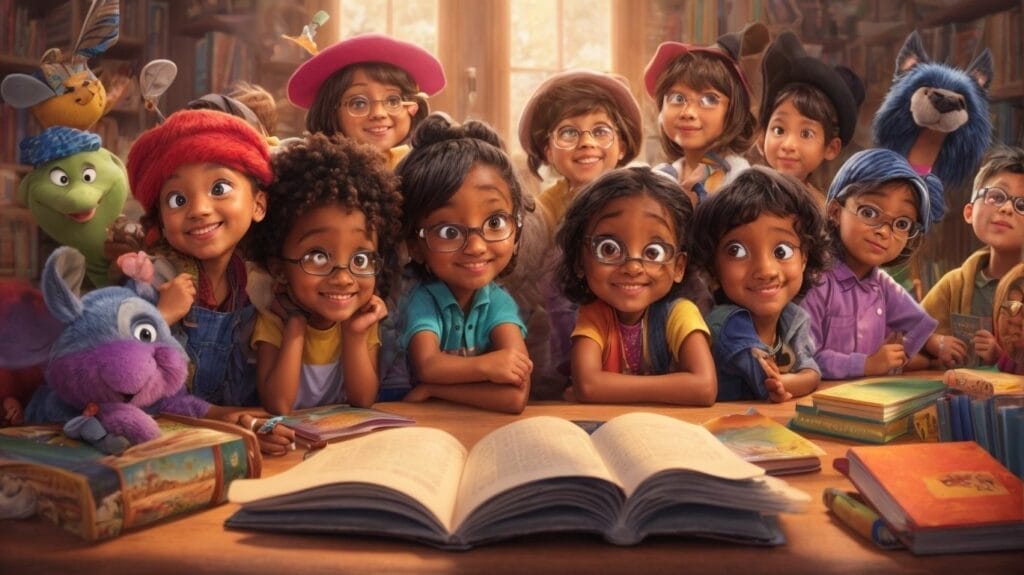 A group of children with glasses in a Children's Book.