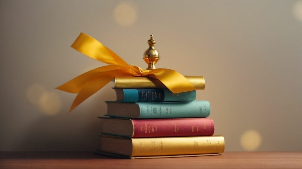 A stack of books adorned with a bow, celebrating their success at the Childrens Book Awards.