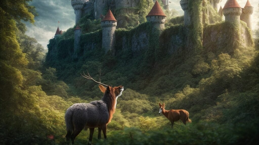 Two deer standing in front of a fantasy castle.
