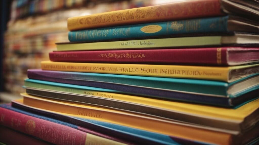 A stack of colorful children's storybooks on a shelf.