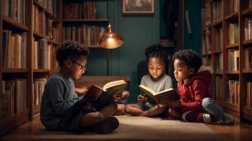 A group of children reading classic literature books.