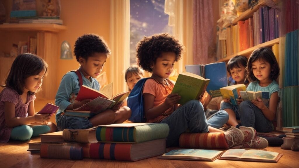 A group of children reading **children's books** in a room.
