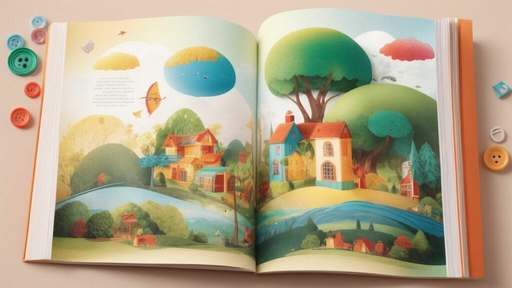 An interactive book with a landscape and trees for kids.